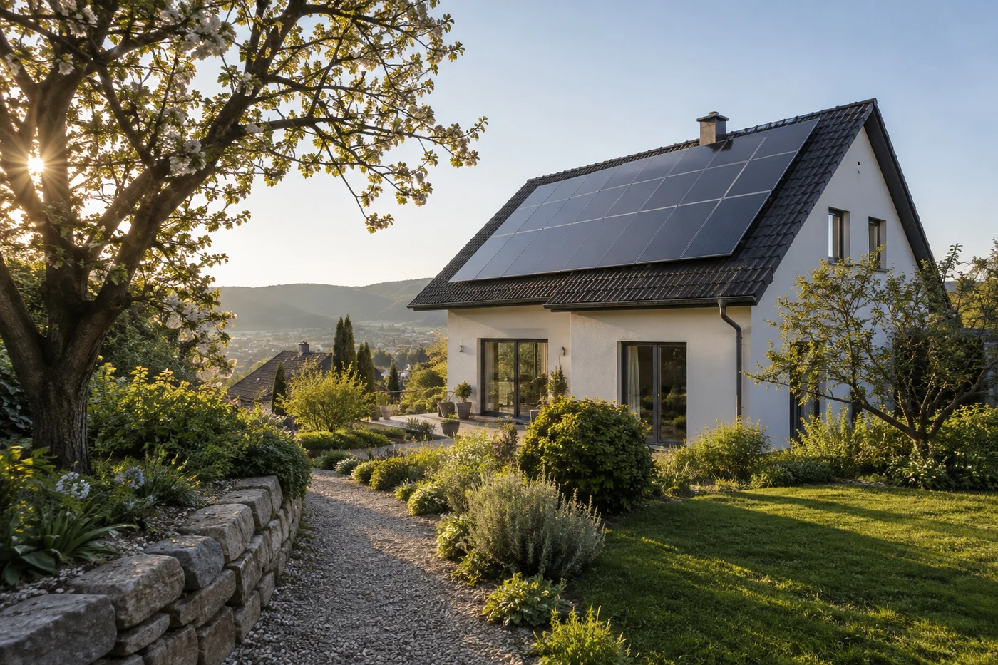 Wohnhaus mit Solarmodulen auf dem Dach neben einem Gartenweg und Bäumen