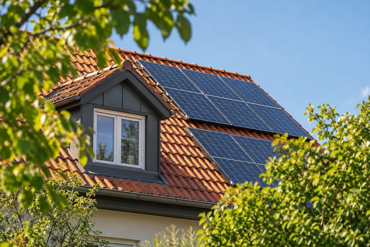 Solarmodule neben einer Dachgaube auf einem Ziegeldach