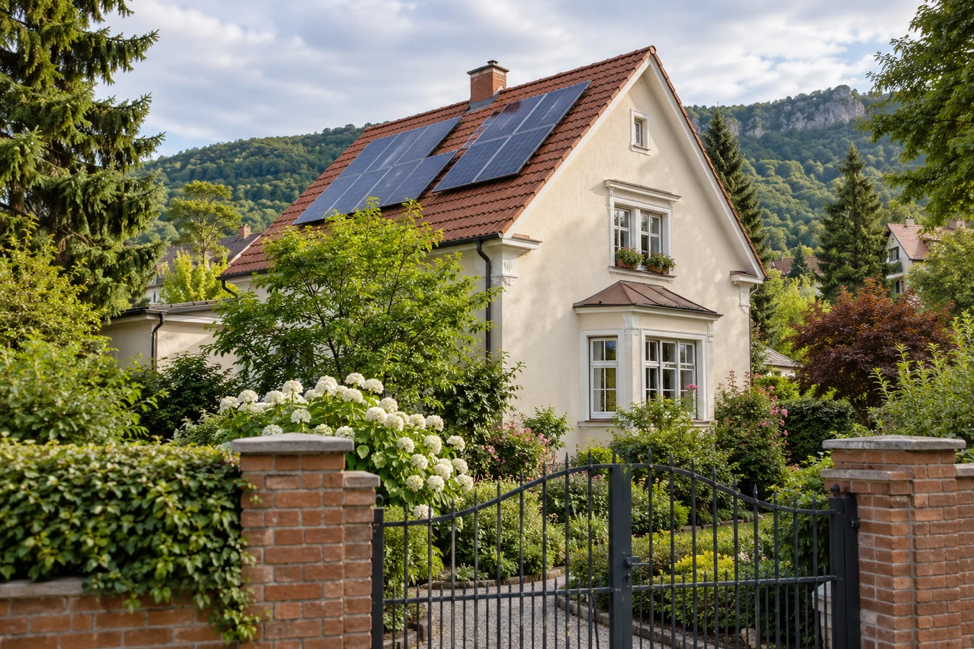 Wohnhaus mit Solardach und Bäumen im Garten