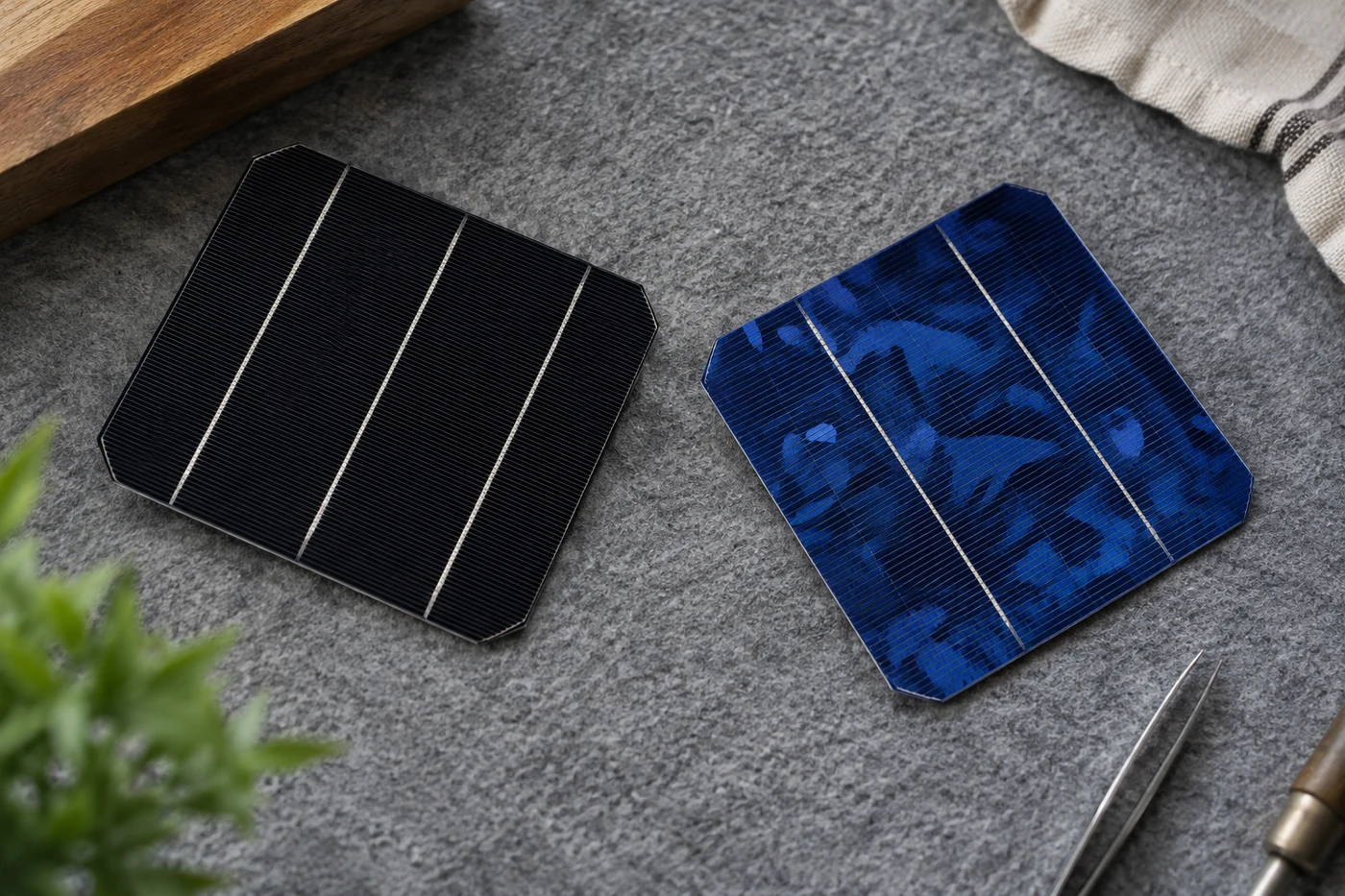 Dunkle und blaue Solarzellenmuster auf einem Tisch