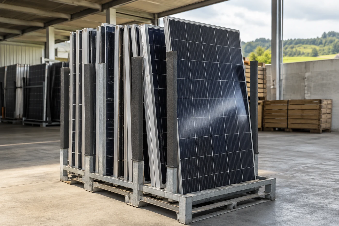 Intakte Solarmodule in einer Transporthalterung