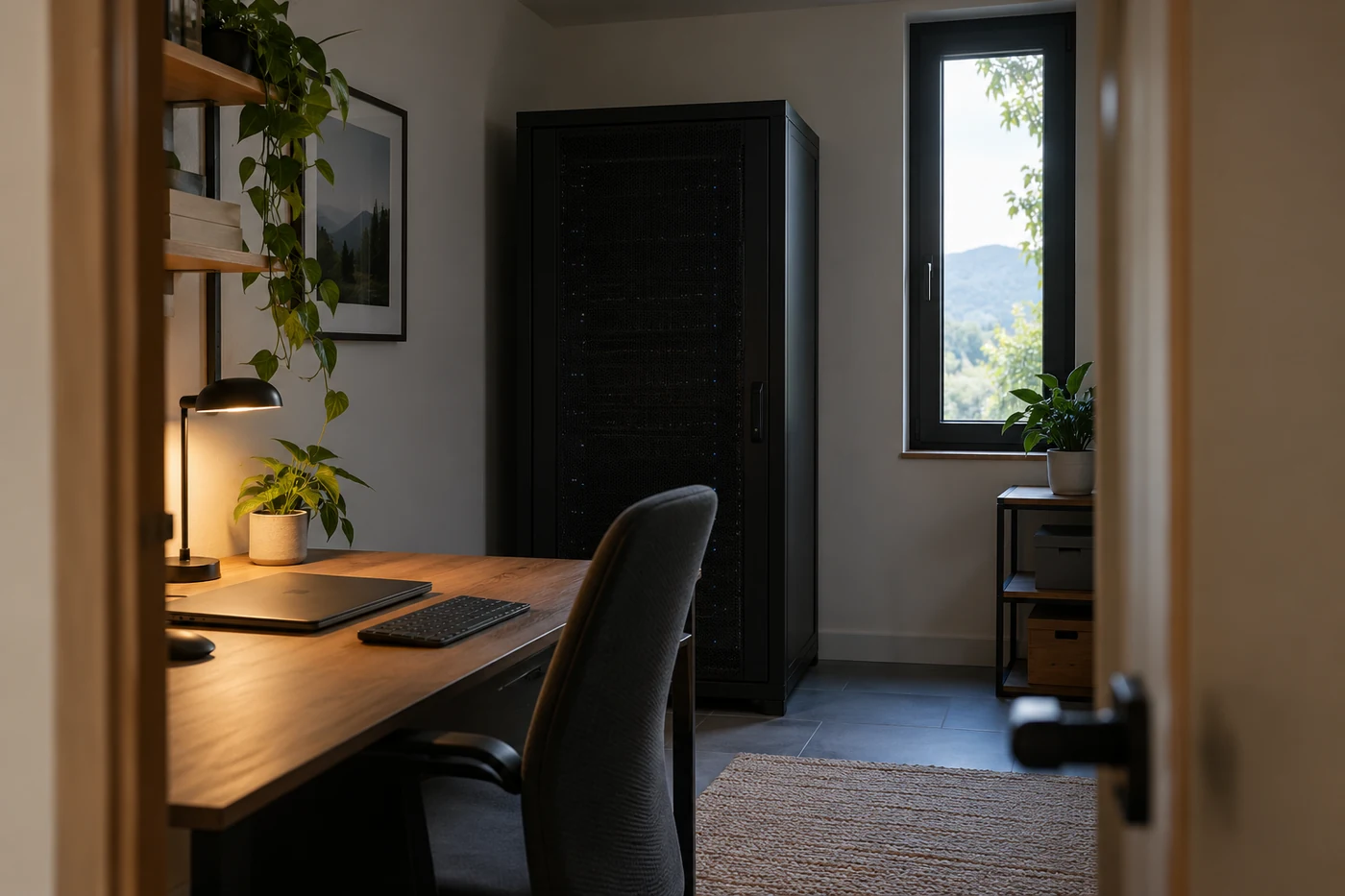 Geschlossener Serverschrank und ein Arbeitsplatz mit zugeklapptem Laptop.