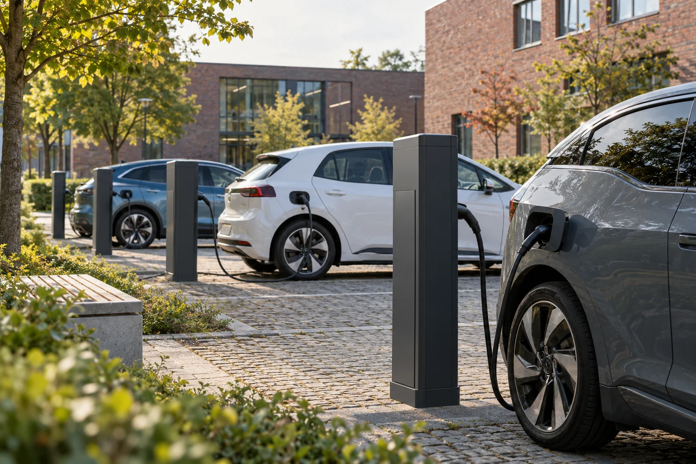 Mehrere Elektroautos an Ladestationen auf einem Parkplatz