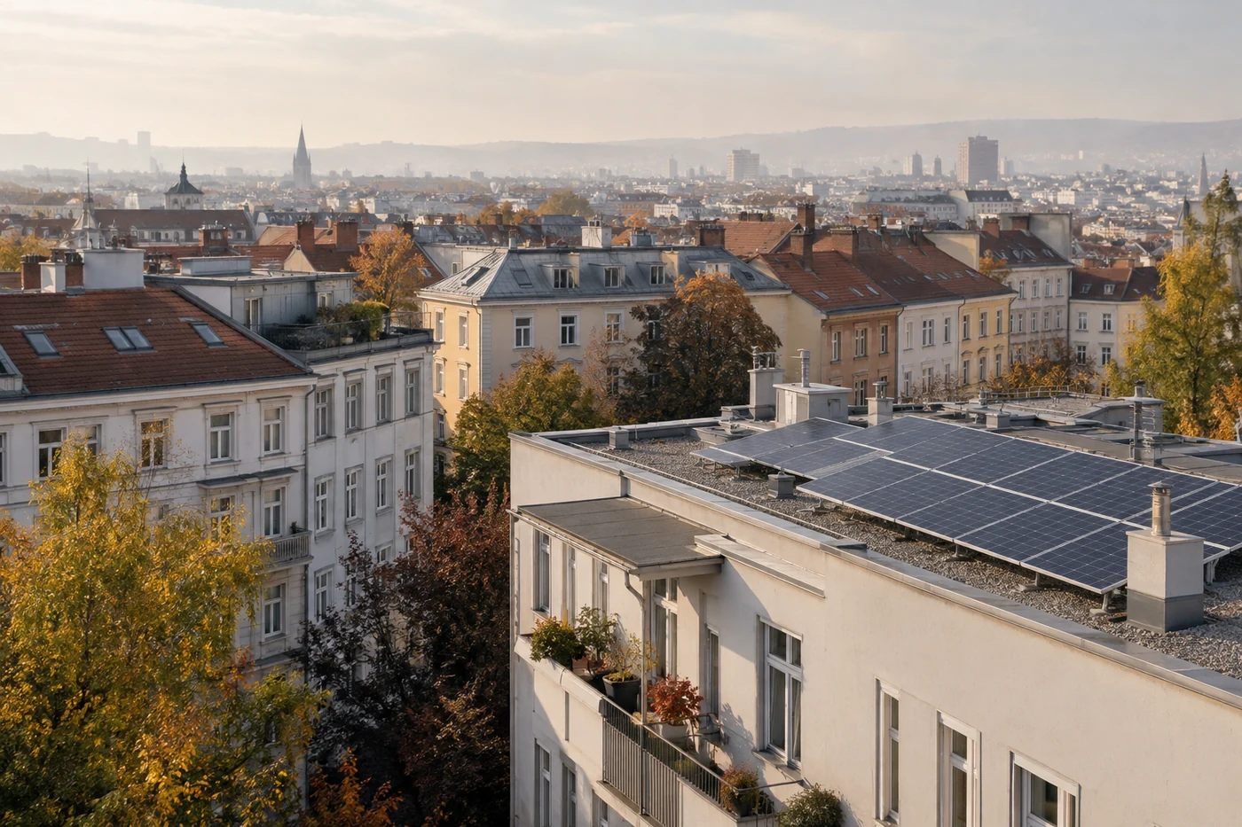 Photovoltaikanlage auf einem Wohnhaus zwischen städtischen Dächern