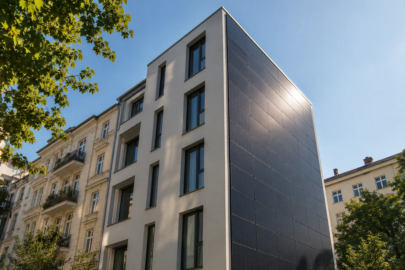 Dunkle Solarmodule an einer modernen Gebäudefassade