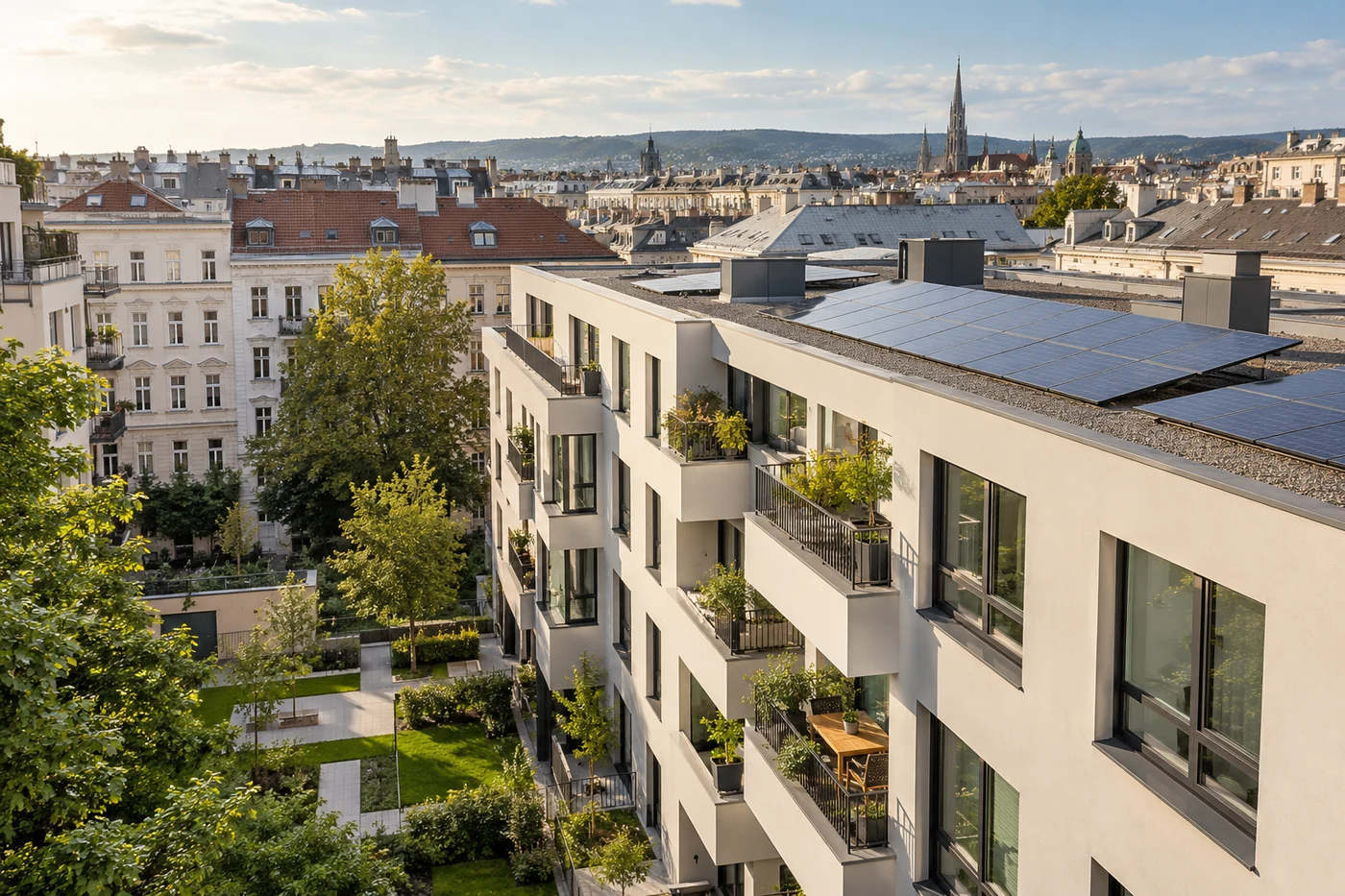 Wohnblock mit Solardach und begrüntem Innenhof