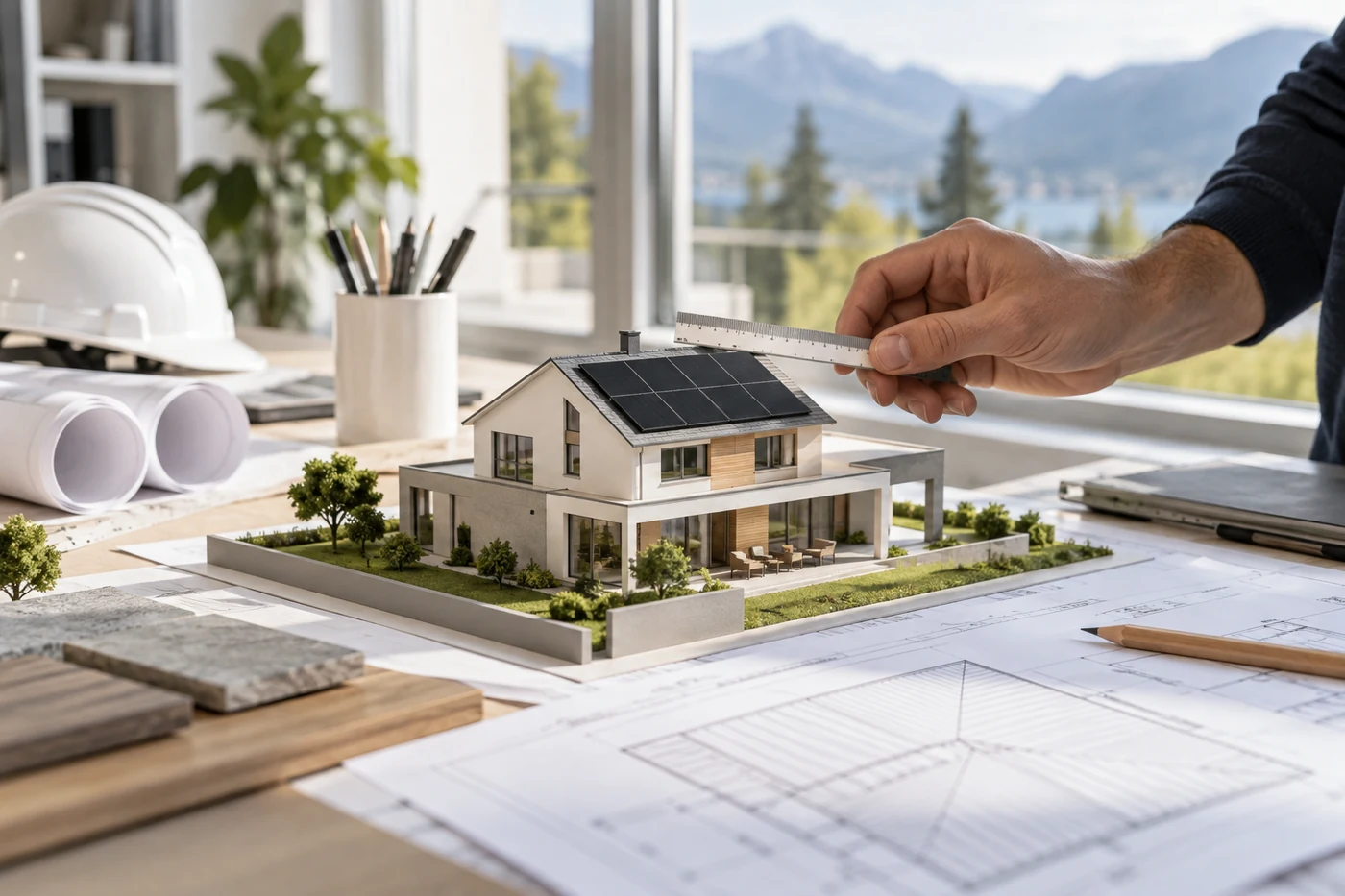 Hausmodell und Dachplan auf einem Planungstisch