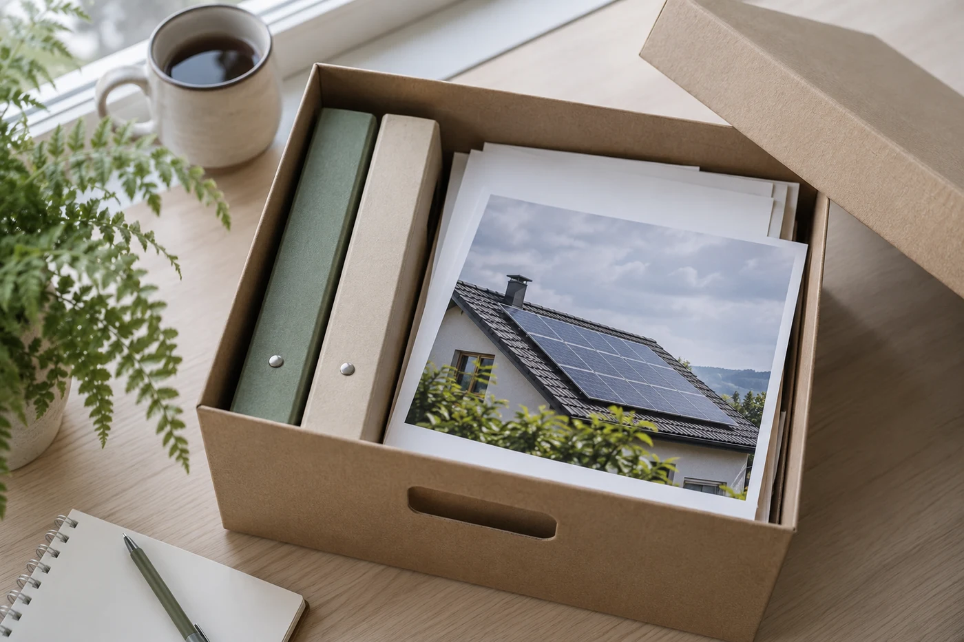 Ordentlich abgelegte Projektunterlagen und ein Foto eines Solardachs