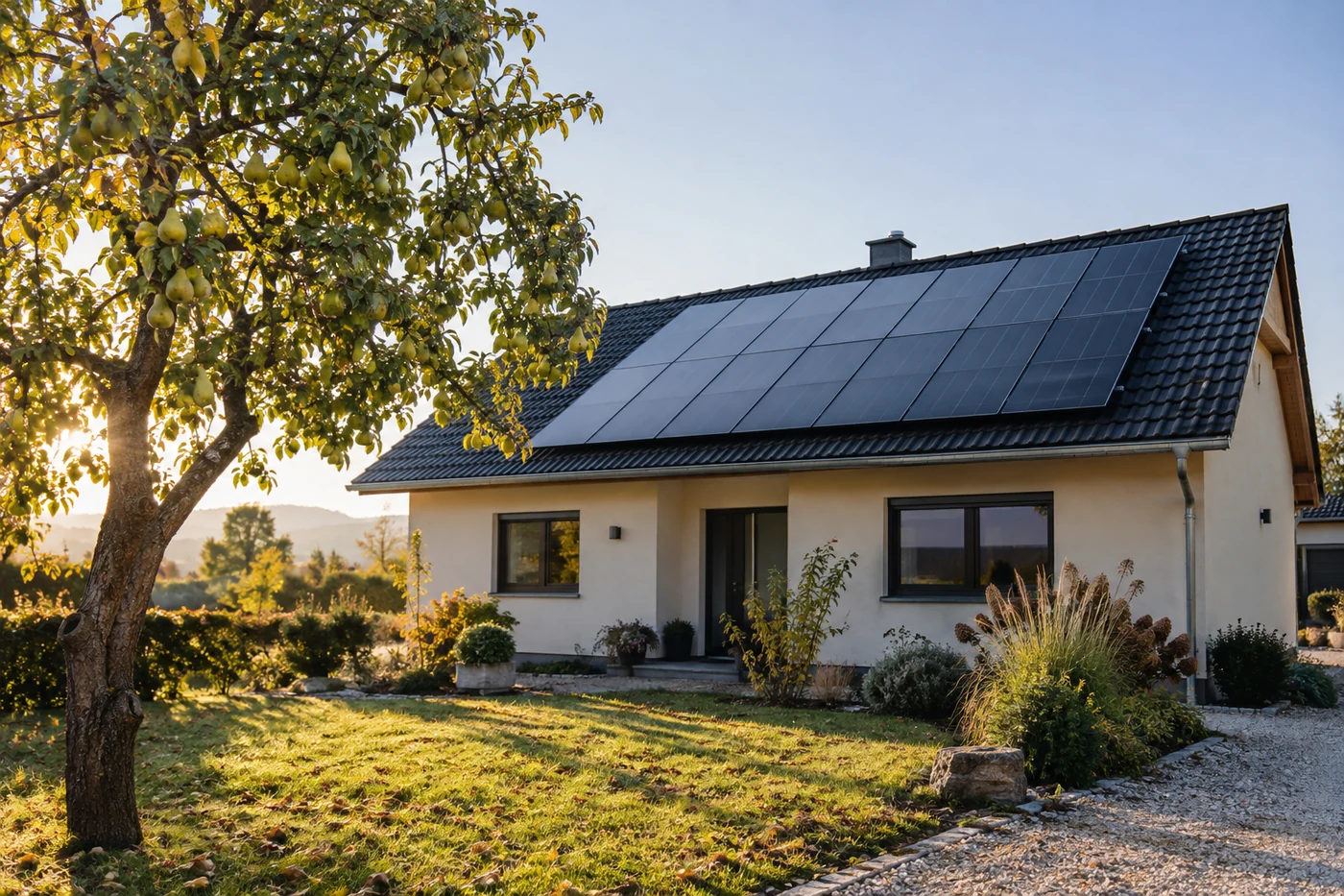 Einfamilienhaus mit Photovoltaikdach neben einem Obstgarten