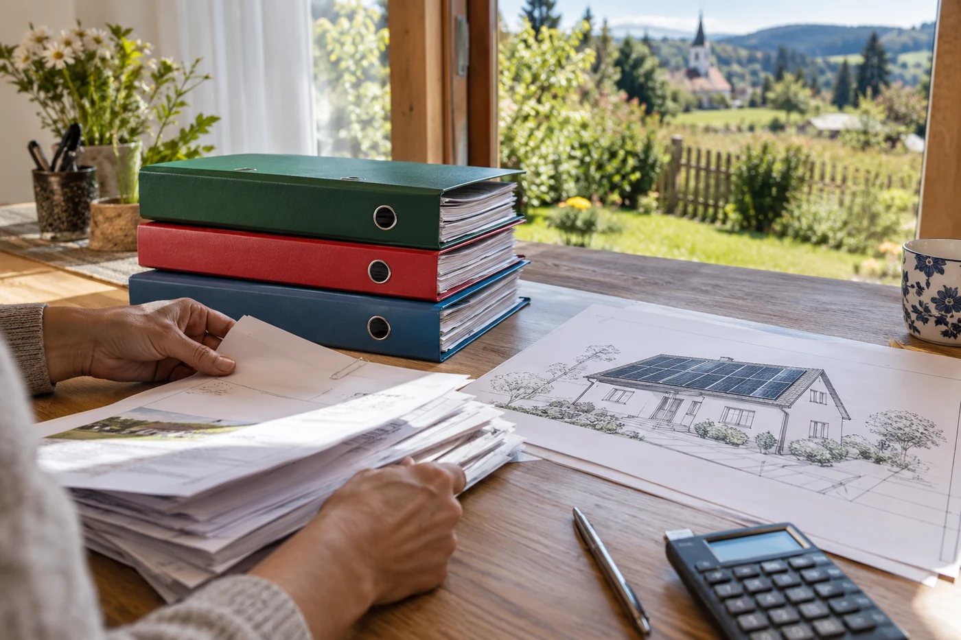 Dachplan und mehrere Unterlagenmappen auf einem Tisch