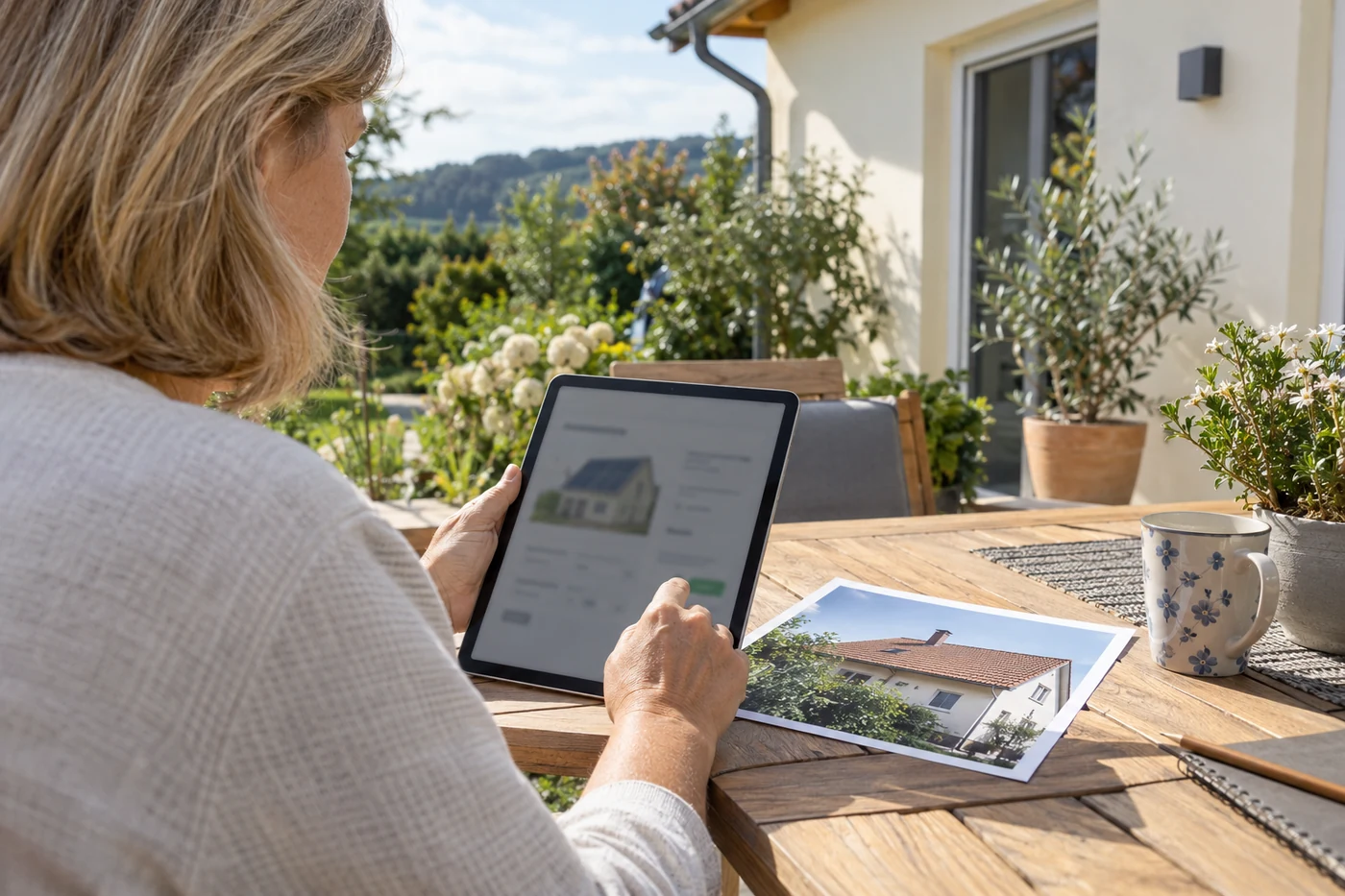 Person mit Tablet und Dachfoto auf einer Terrasse