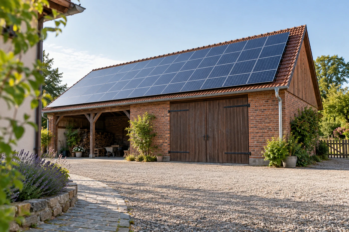 Solarmodule auf einem Hofgebäude mit gepflastertem Vorplatz