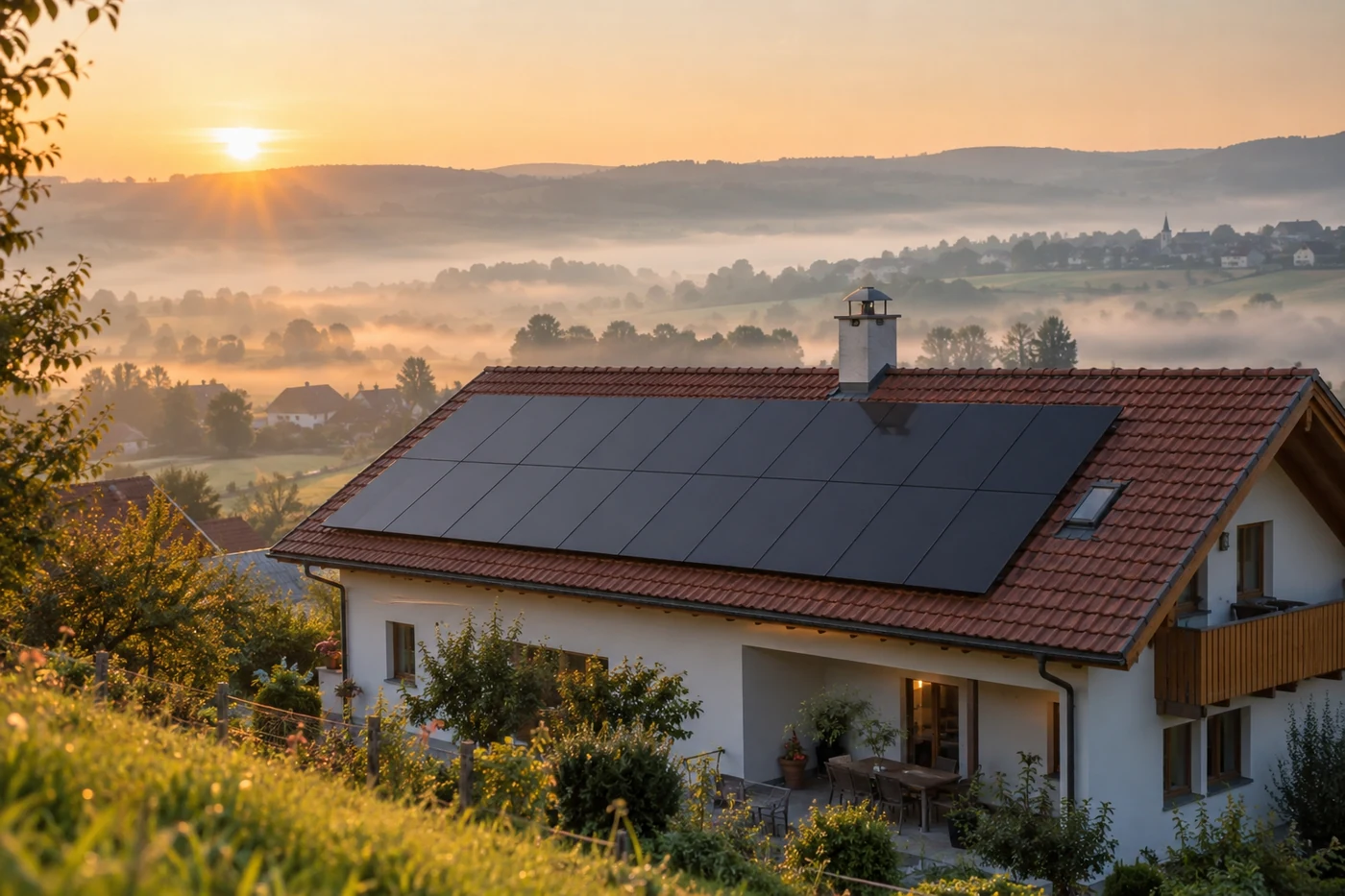 Solardach eines Wohnhauses im Morgenlicht