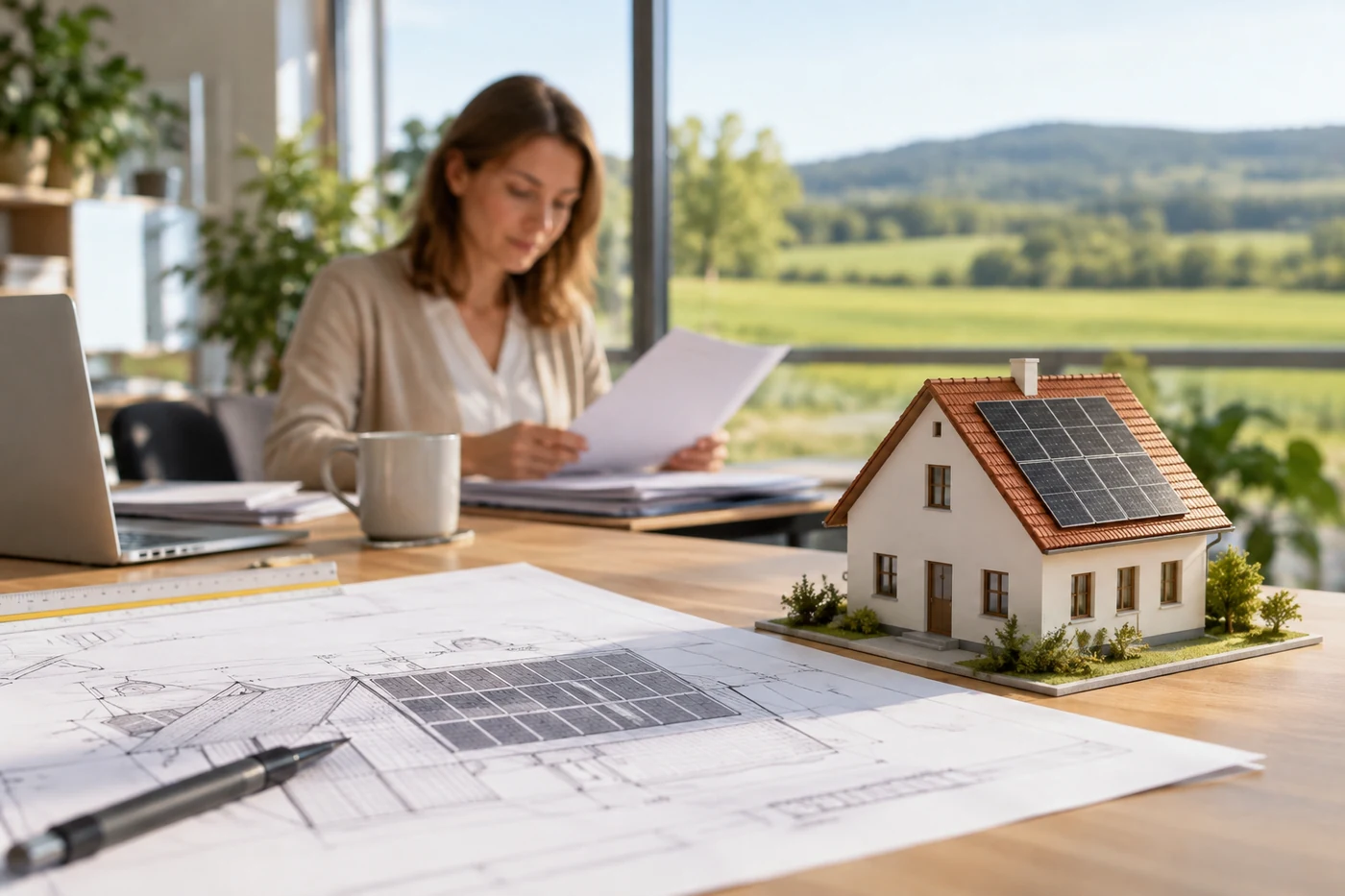 Dachplan eines Hauses in Niederösterreich auf einem Beratungstisch
