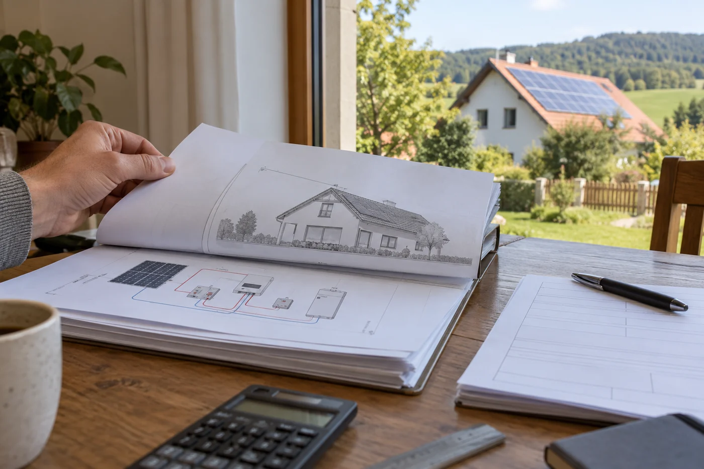 Projektmappe mit Hausplan und unbeschrifteten Formularen