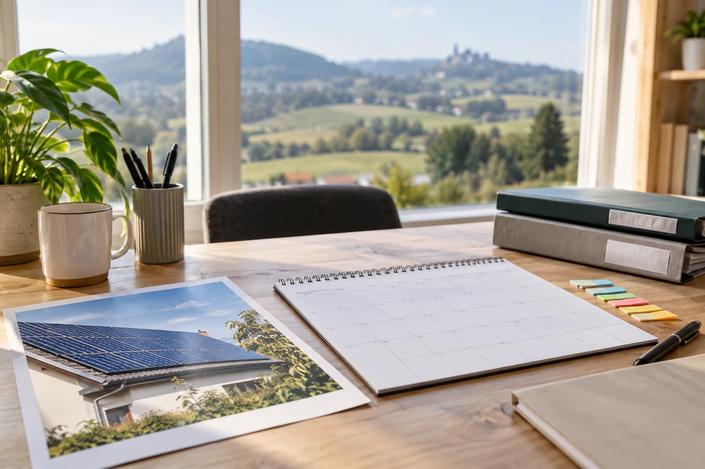 Projektkalender und PV-Unterlagen in einem Arbeitszimmer