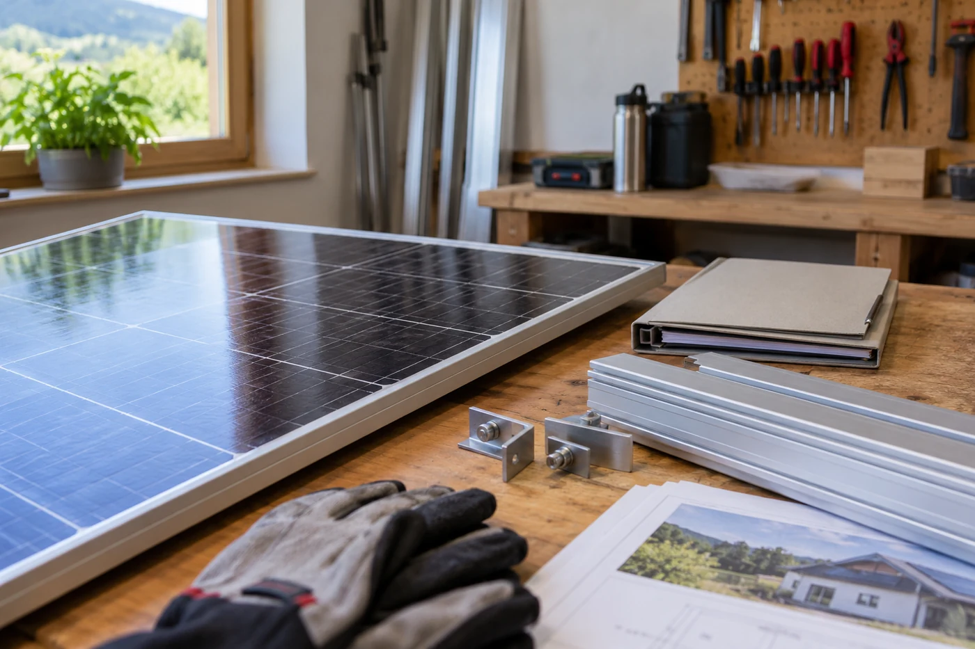 Montageschienen und Solarmodulmuster auf einem Tisch