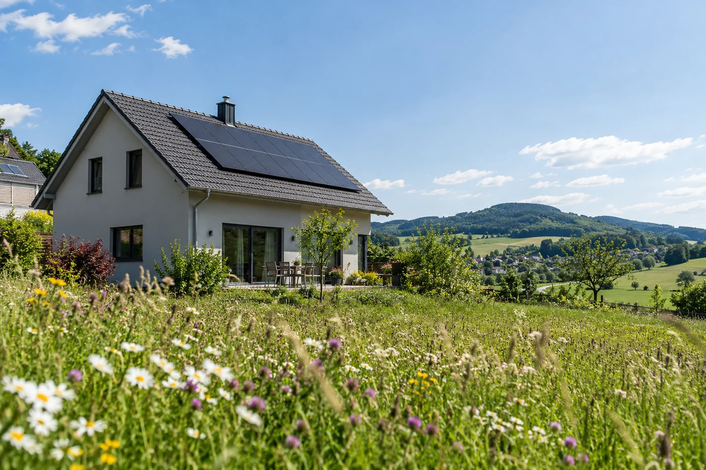 Solarmodule auf einem Hausdach über einer Sommerwiese