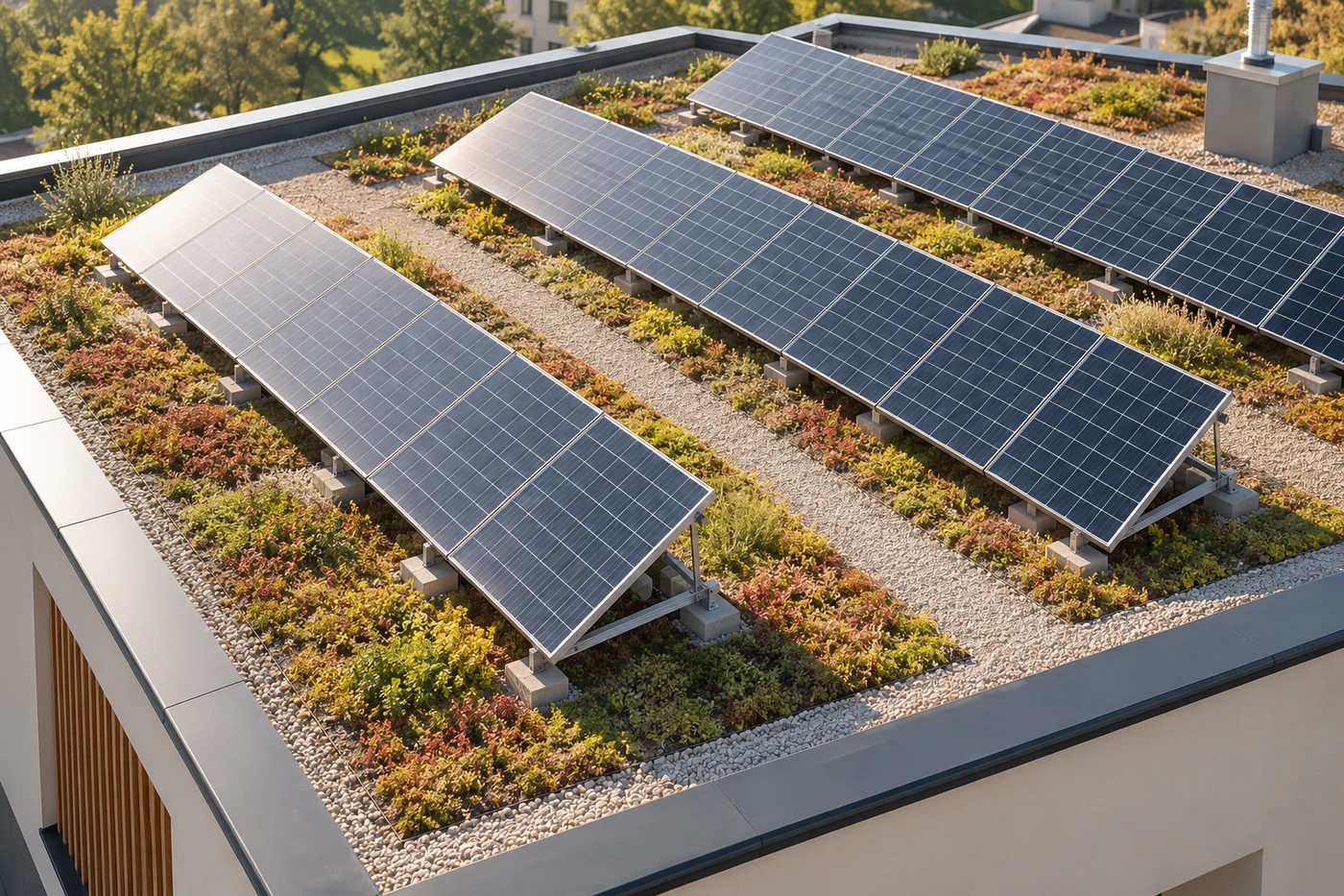 Aufgeständerte Solarmodule auf einem begrünten Flachdach.