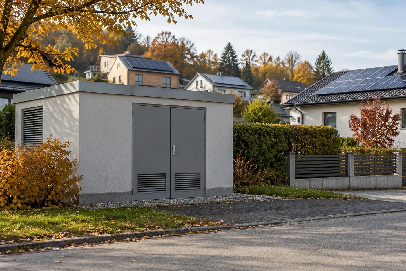 Geschlossenes kleines Trafohaus mit Solardächern im Hintergrund eines Wohnviertels.