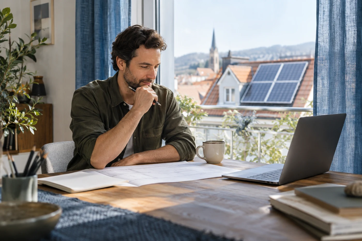 Person am Schreibtisch mit Projektunterlagen vor einem Fenster