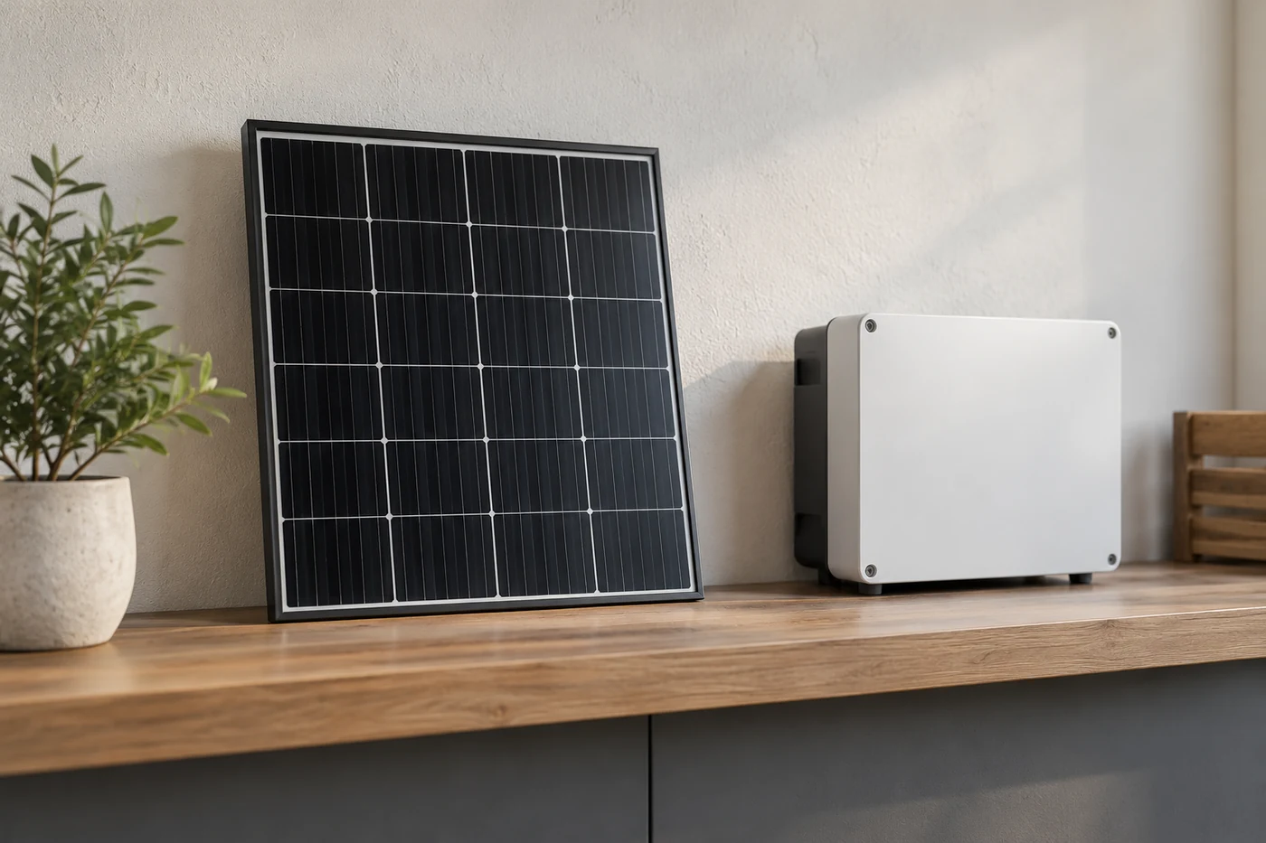 Ein Solarmodulmuster und ein geschlossenes Wechselrichtergehäuse auf einer Ablage.
