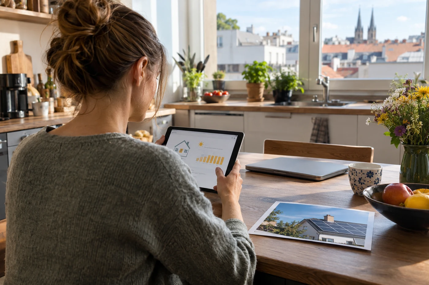 Person prüft eine Tablet-Anzeige in einer Wohnküche