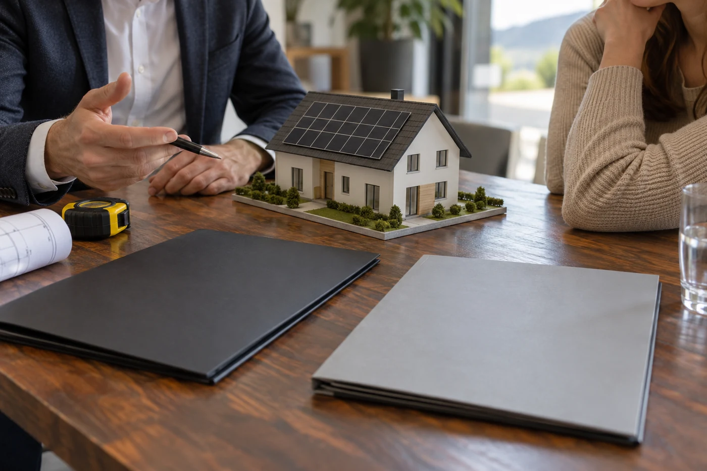 Hausmodell mit Solardach, Maßband und Angebotsmappen auf einem Tisch