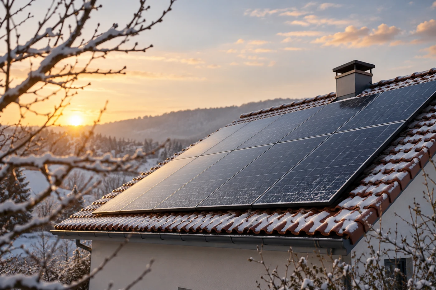 Schneefreie Solarmodule auf einem leicht verschneiten Dach im Winterlicht.