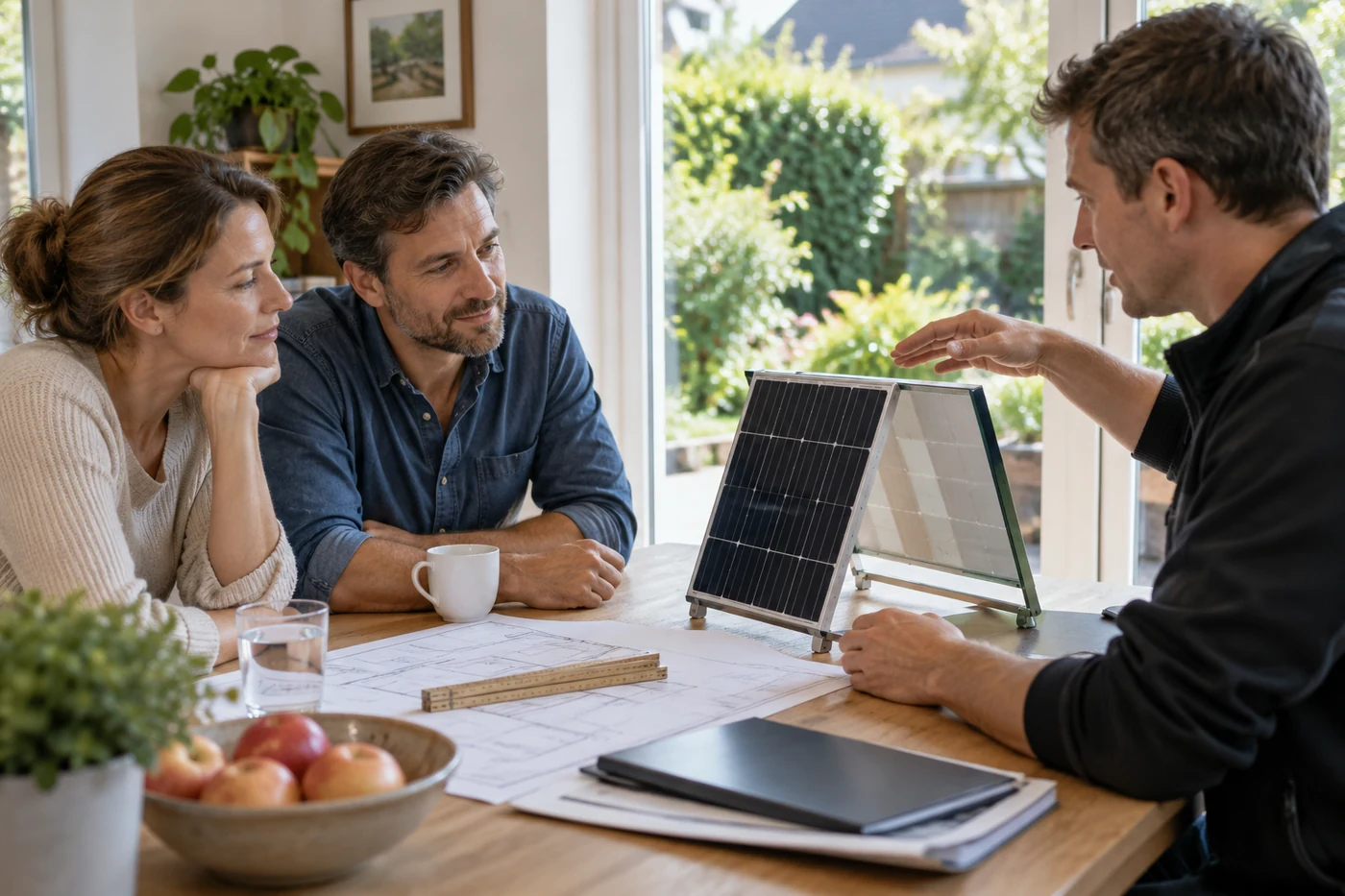 Solarmodulmuster bei einem Beratungsgespräch am Tisch