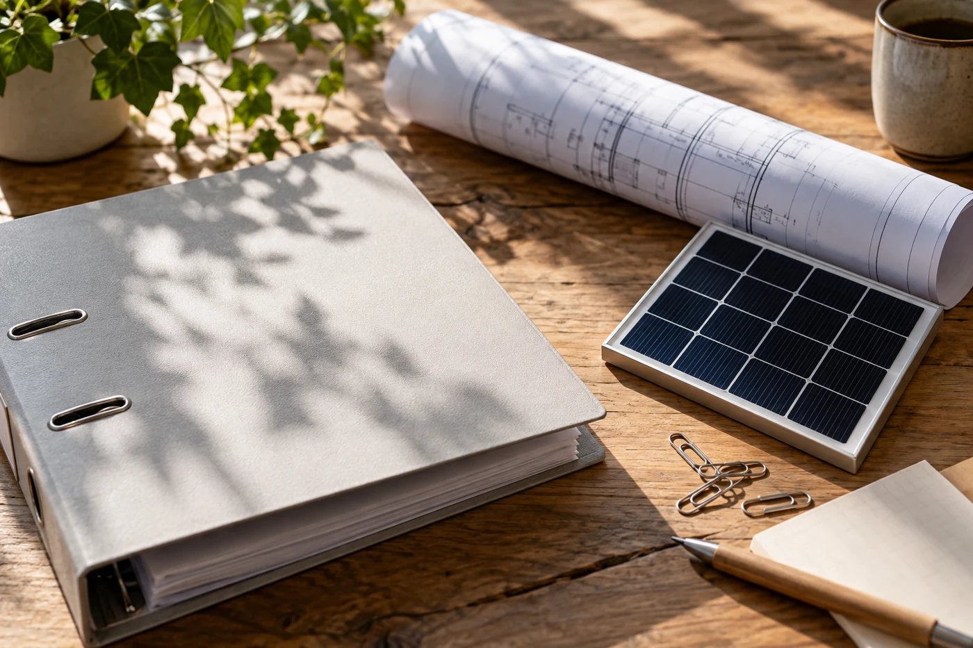 Ordner, gerollter Plan und Solarzellenmuster auf einem Holztisch