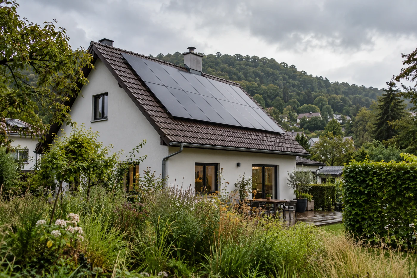 Haus mit Solarmodulen am bewaldeten Hang