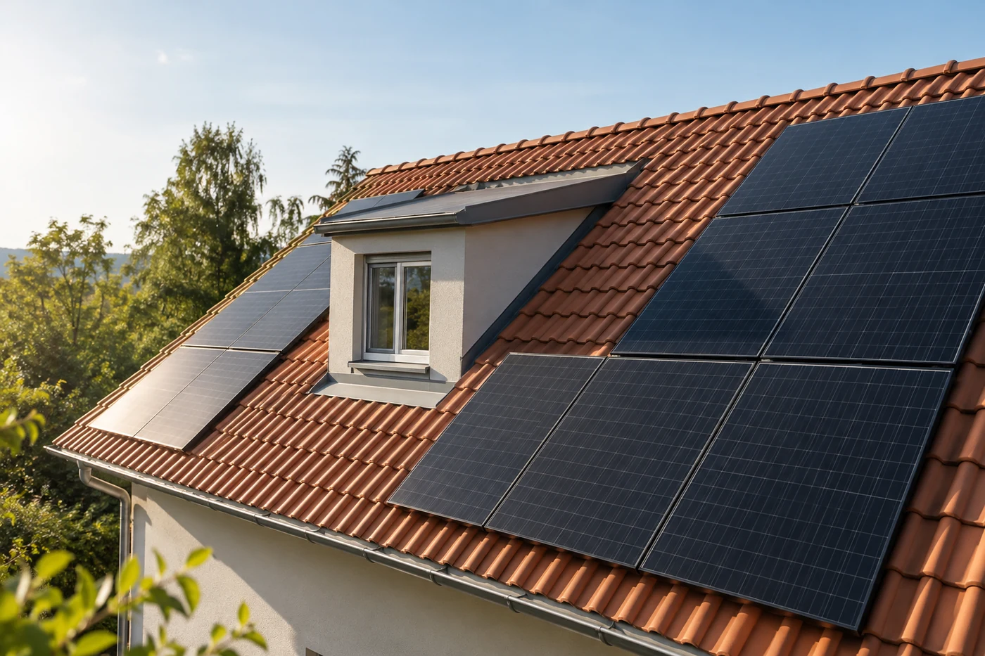 Solarmodule auf einem Ziegeldach neben einer Gaube und einer freien Dachfläche.