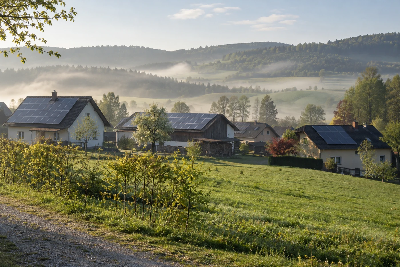 Mehrere Gebäude mit Solarmodulen in einer ländlichen Umgebung
