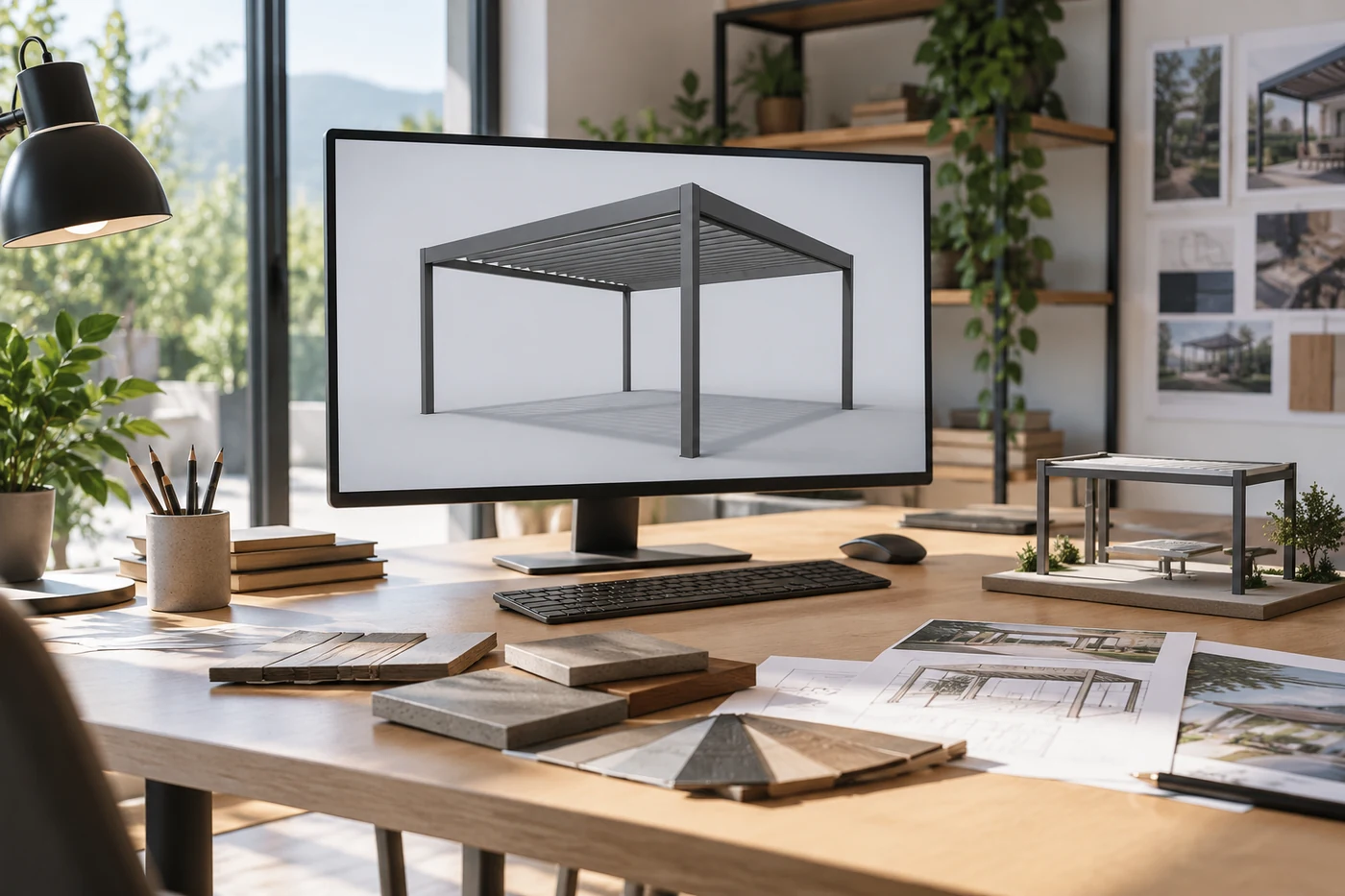 Arbeitsplatz mit digitalem Pergolamodell und Materialmustern