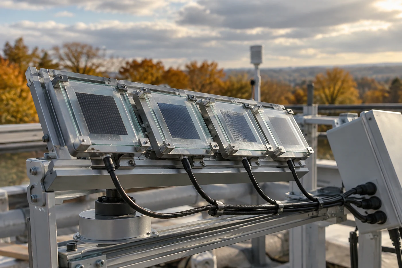 Kleine glasverkapselte Solarzellen auf einem Messgestell im Freien