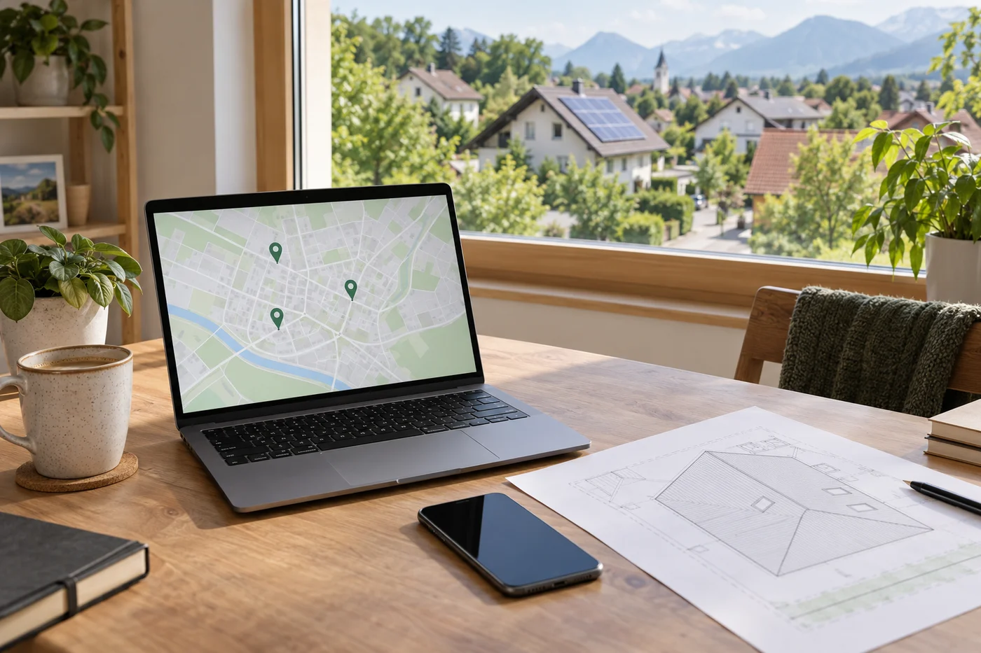 Laptop mit einer neutralen Kartenansicht neben PV-Dachplan und Telefon auf einem Schreibtisch