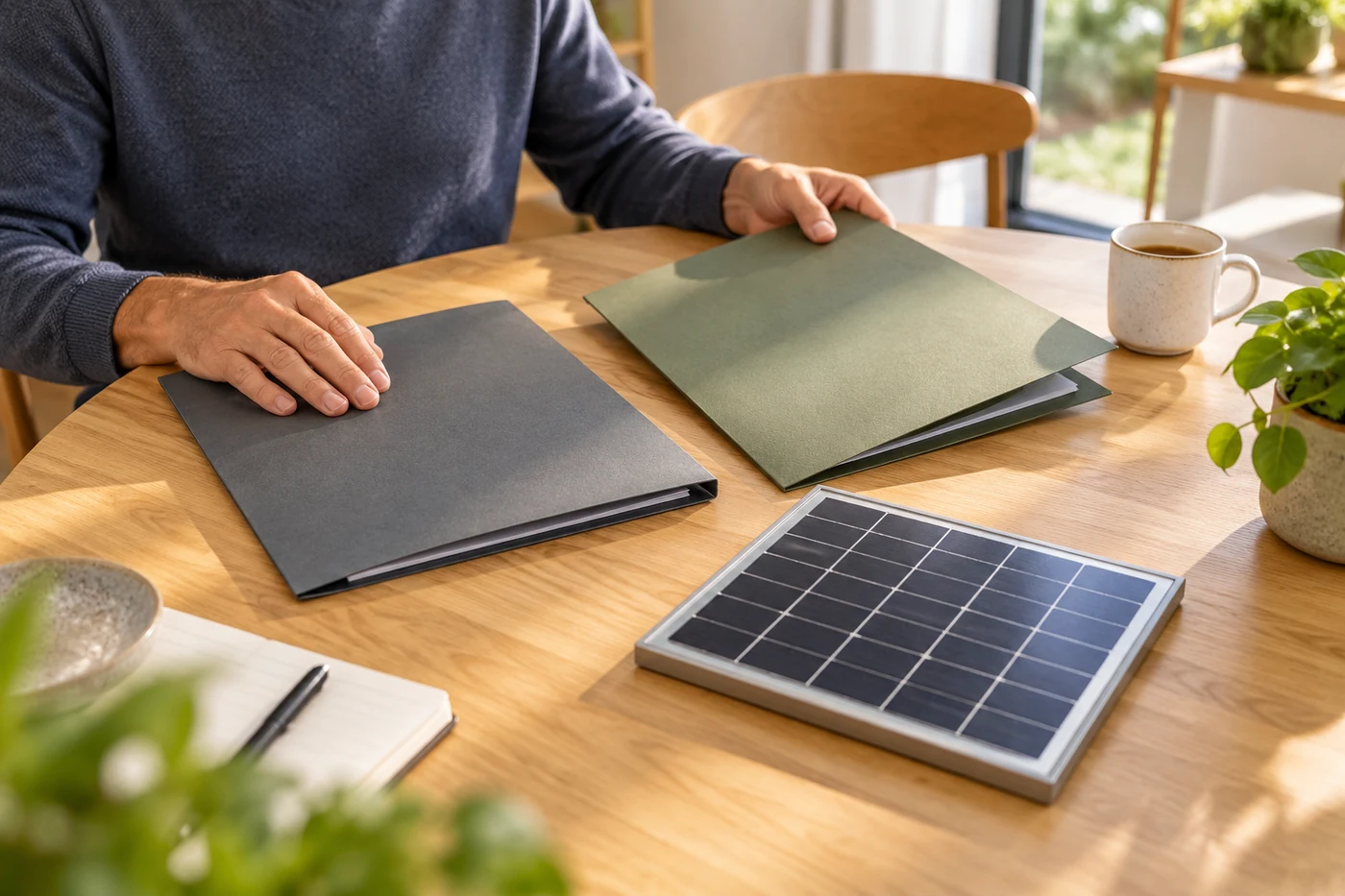 Zwei Projektmappen und ein Solarmodulmuster auf einem Beratungstisch