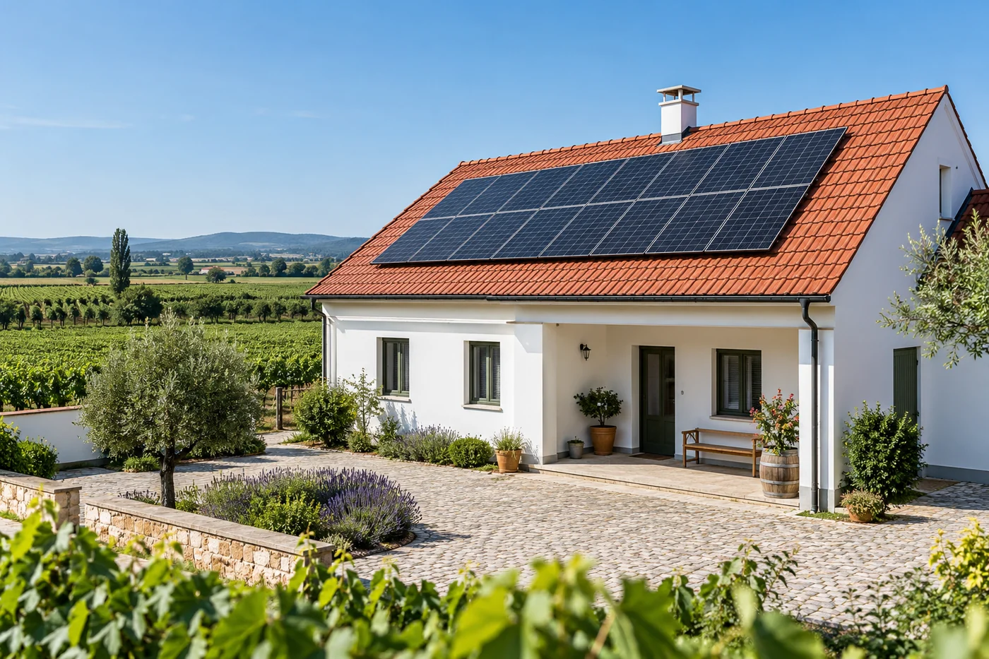 Photovoltaikmodule auf einem Haus in burgenländischer Landschaft