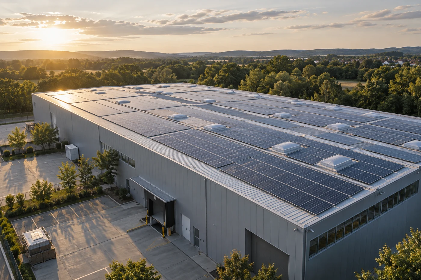 Geordnetes Solarmodulfeld auf einem Hallendach mit Bäumen am Grundstücksrand.