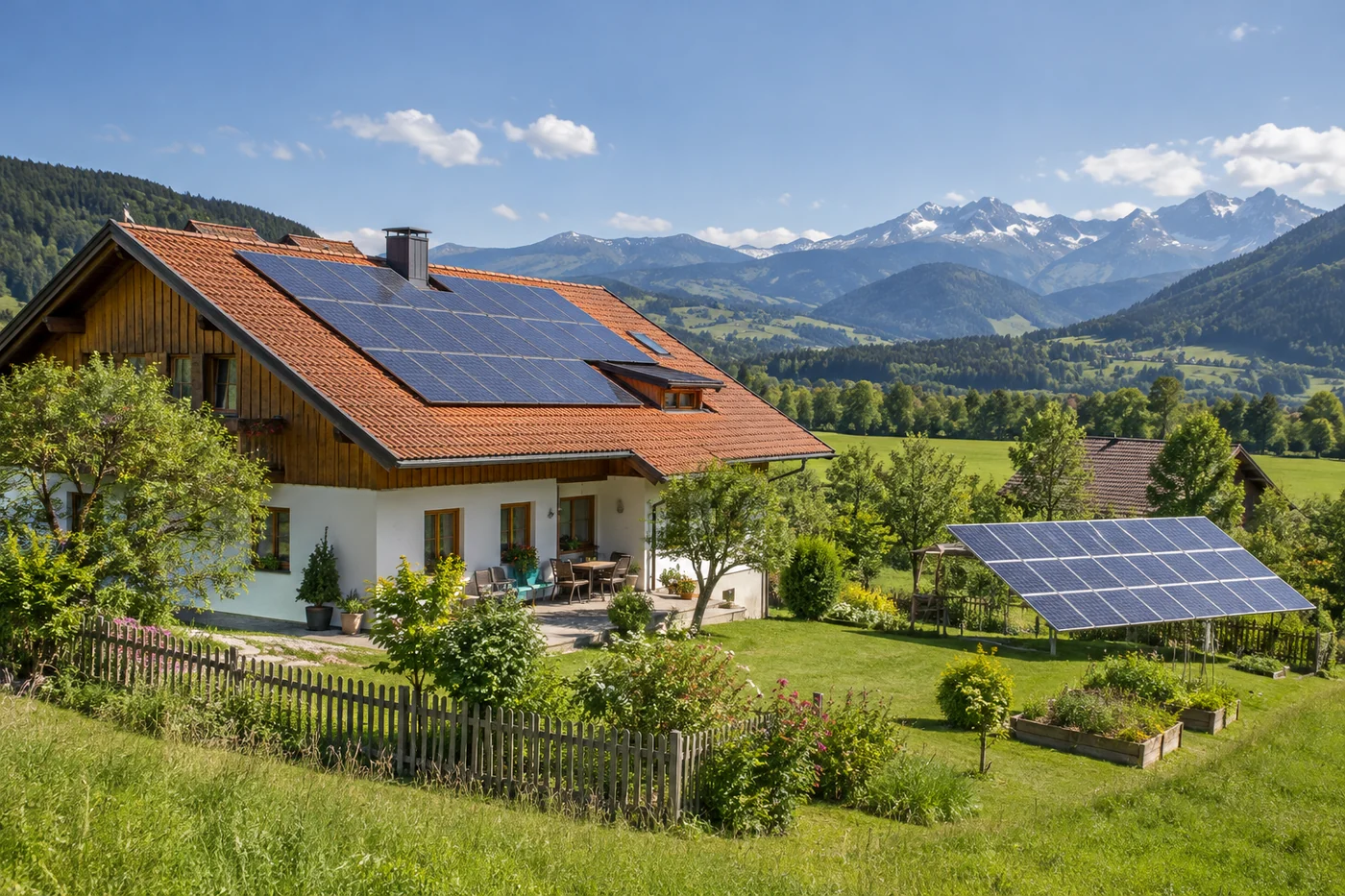 Solarpaneele auf einem Hausdach und einer kleinen Freifläche