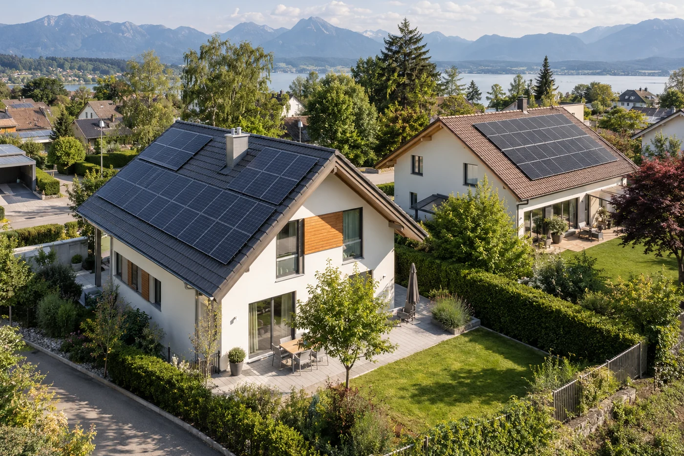 Zwei benachbarte Wohnhäuser mit unterschiedlichen Dachformen und Photovoltaikbelegungen