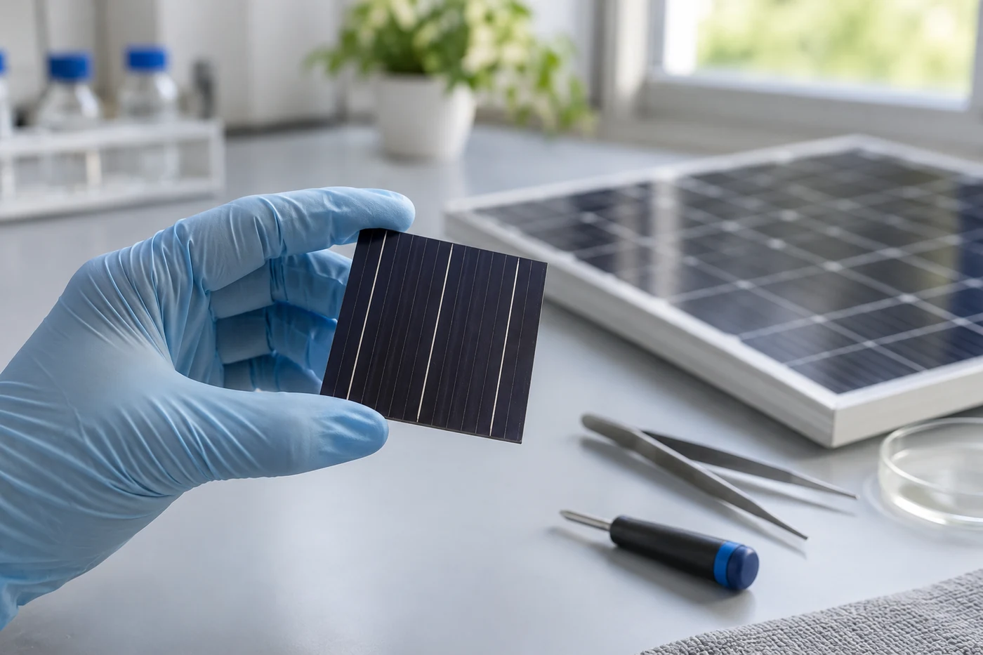 Solarzellenprobe und geschlossene Module auf einer Werkbank