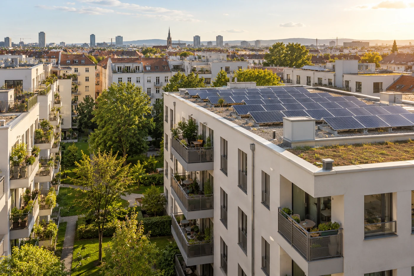 Photovoltaik auf dem Flachdach eines städtischen Mehrparteienhauses