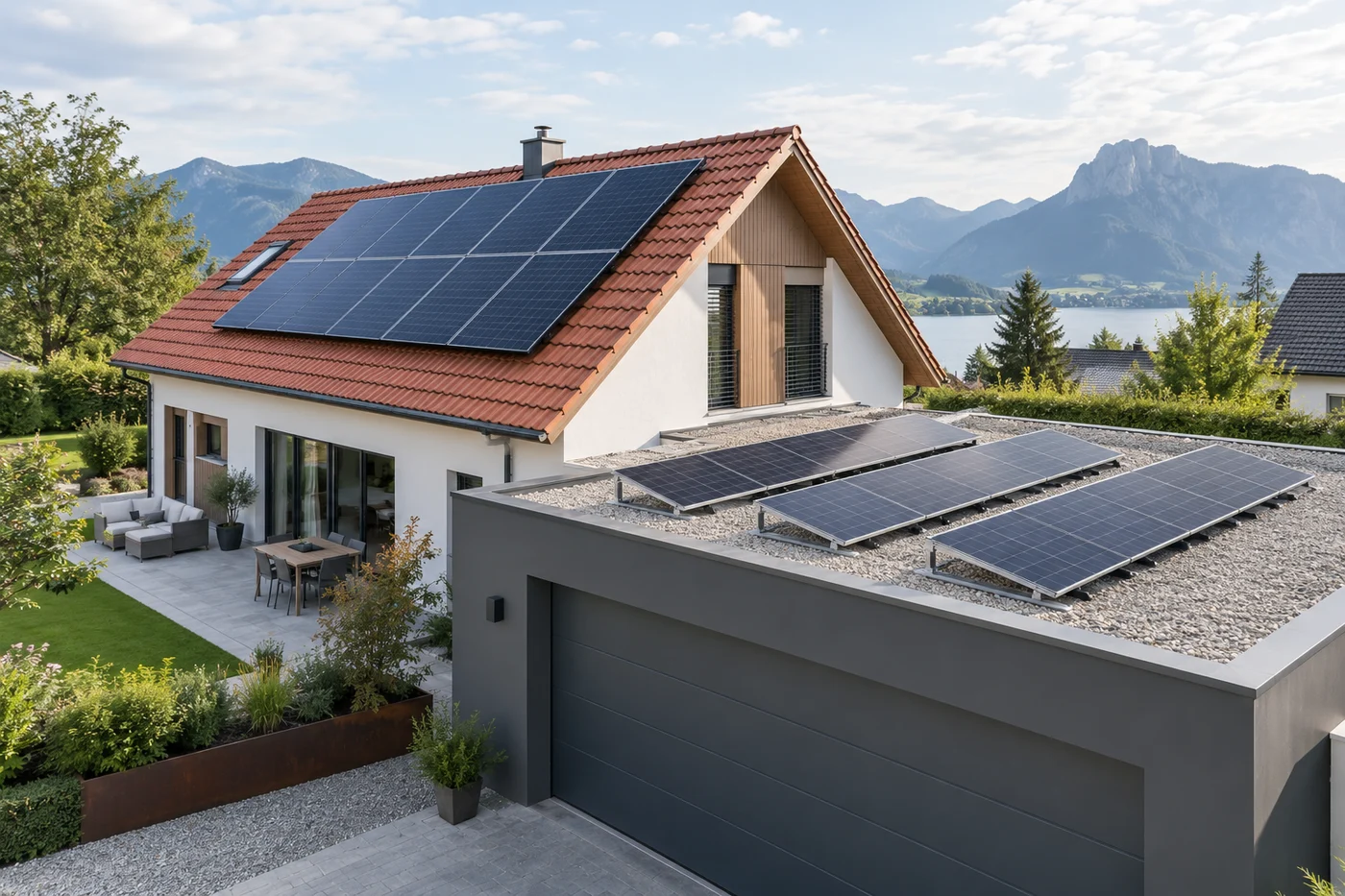 Photovoltaik auf einem geneigten Hausdach und mit niedriger Aufständerung auf einem Garagenflachdach