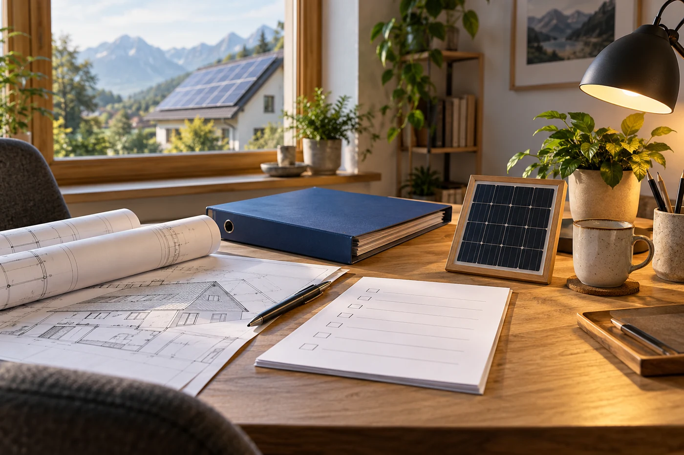 Dachpläne, Projektmappe und Solarzellenprobe bei der Projektvorbereitung.