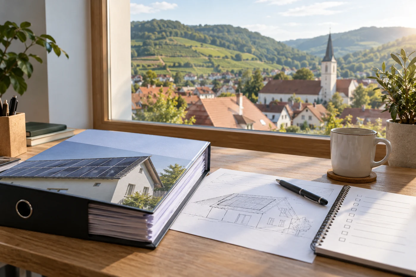 Projektmappe und Dachskizze für eine Photovoltaikanlage