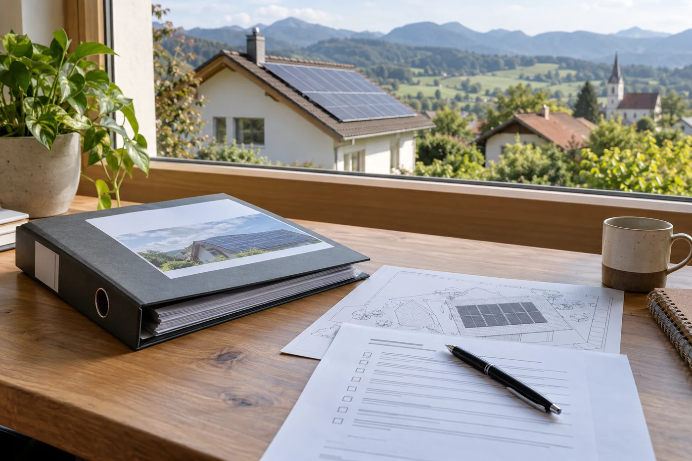 Projektunterlagen für eine Photovoltaikanlage mit Blick auf ein Hausdach