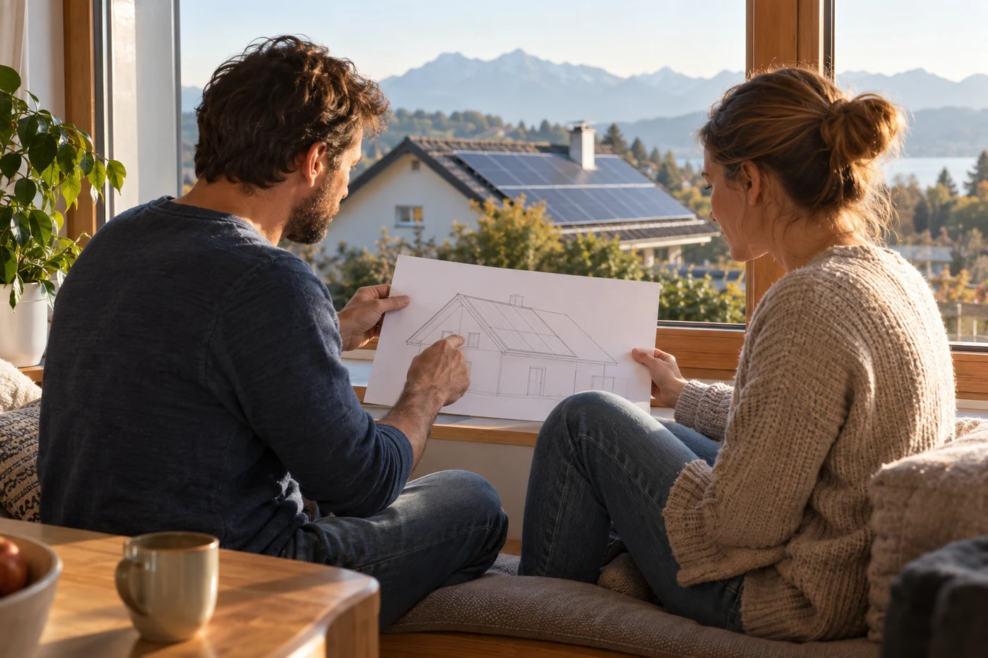 Zwei Personen betrachten einen Dachentwurf an einem Fenster.