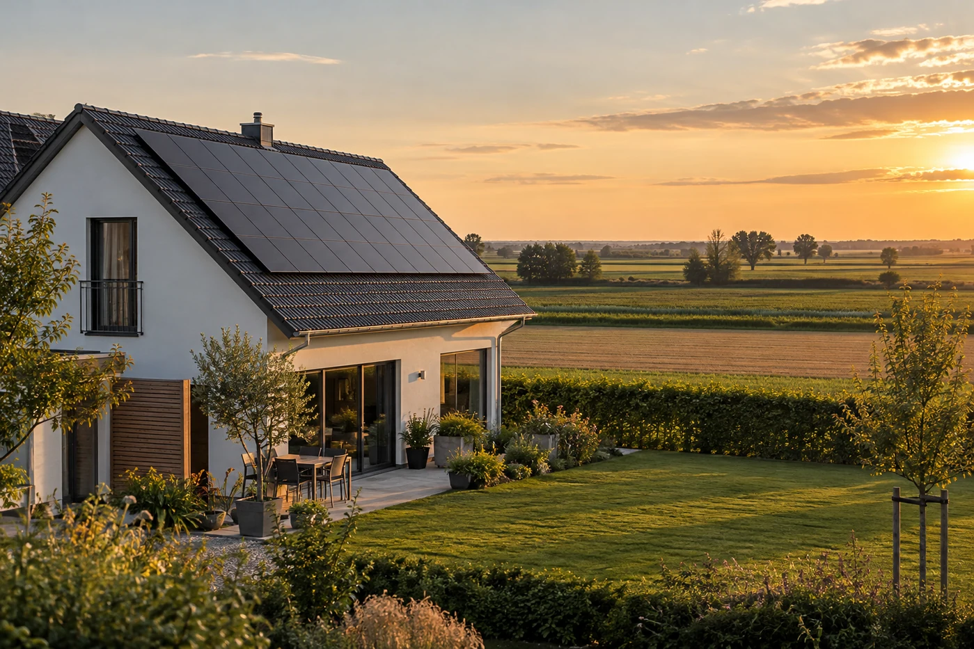 Photovoltaikhaus am Rand einer flachen landwirtschaftlichen Landschaft